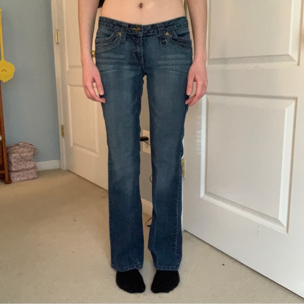 unique studded low/mid rise straight leg medium/dark wash jeans by no boundaries
